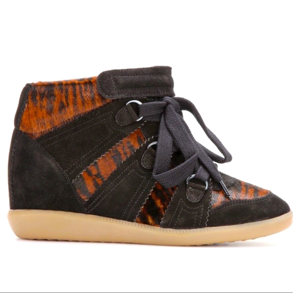 ISABEL MARANT BLOSSOM PONY OVER BASKET HIDDEN WEDGE BROWN ZEBRA BOBBY SNEAKERS